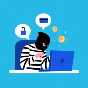 Illustration of a hacker in a mask using a laptop, representing online scams and the importance of secure booking.