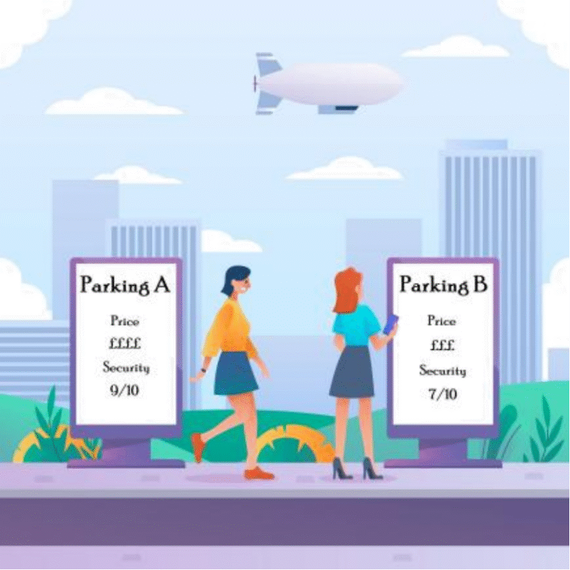 Illustration of two women comparing parking options with price and security ratings