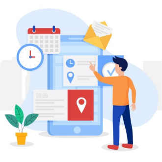 Illustration of a person using a mobile app for booking with calendar, clock, and notification icons.